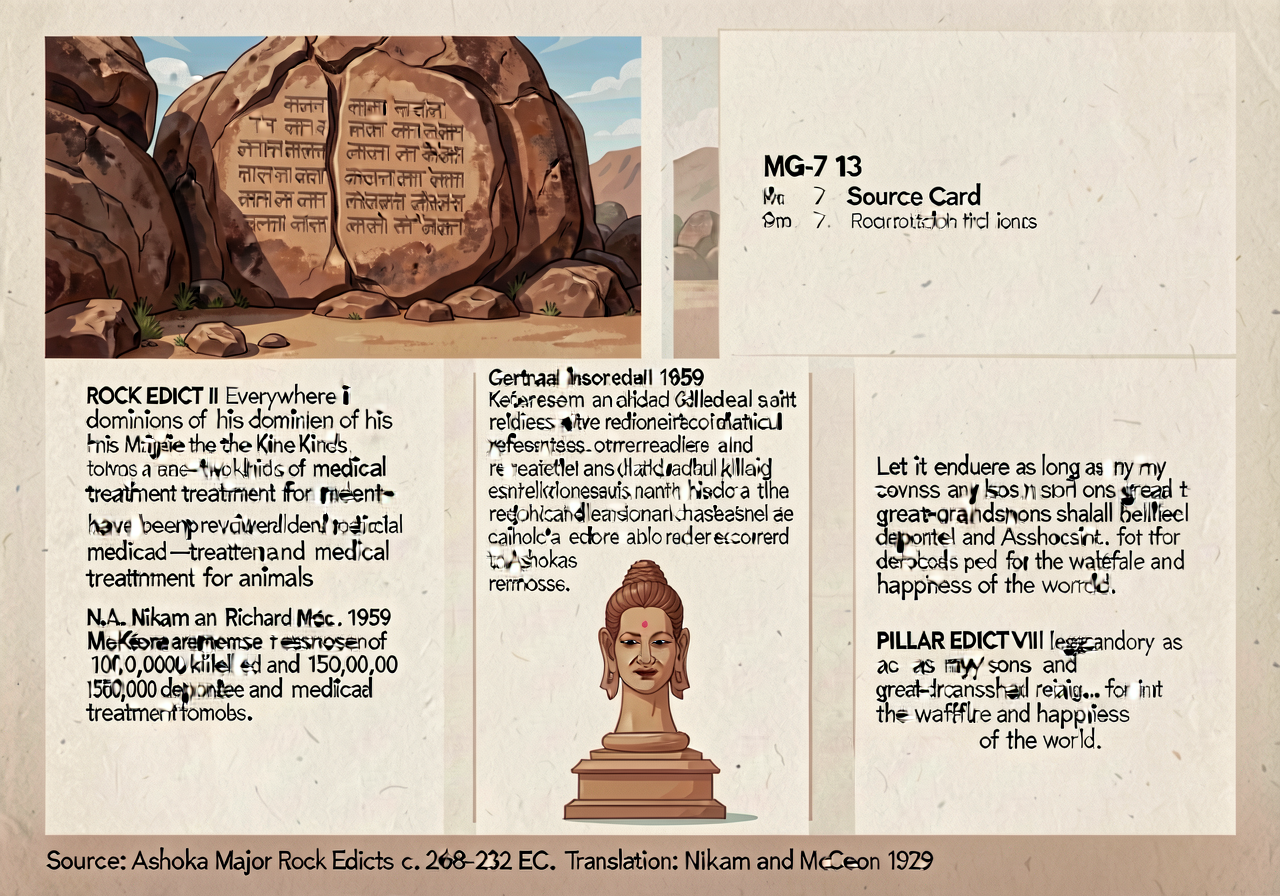 MG-13 8.5x11 inch educator handout: top quarter shows photograph of the Girnar inscription site in Gujarat (one of the s