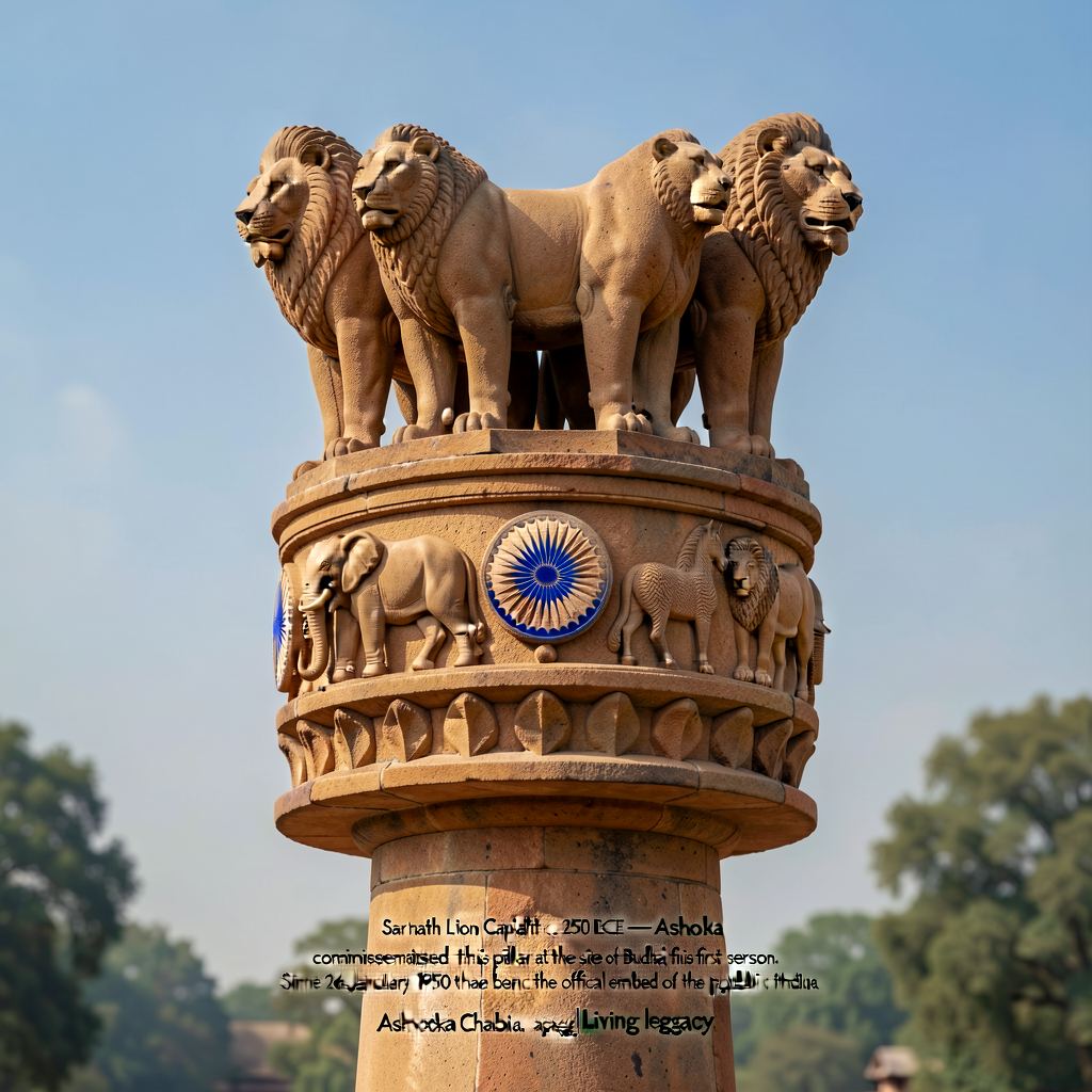 Photograph of the Sarnath Lion Capital (sandstone, c. 250 BCE, currently in the Sarnath Museum, Uttar Pradesh, India) — 