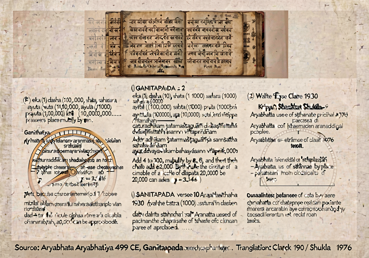 MG-14 8.5x11 inch educator handout: top quarter shows photograph of a Sanskrit-manuscript folio of the Aryabhatiya (Bhan