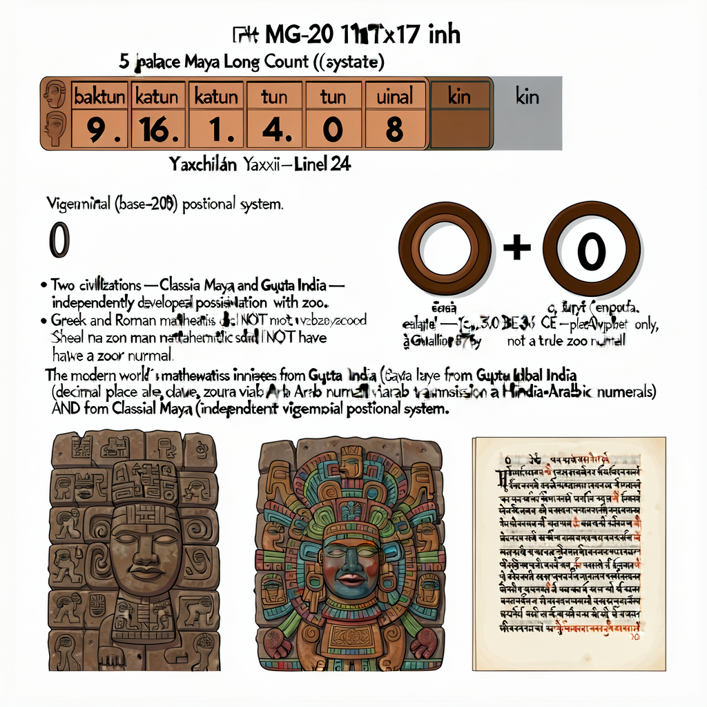 MG-20 11x17 inch educational diagram: top half shows the 5-place Maya Long Count notation (baktun.katun.tun.uinal.kin) w
