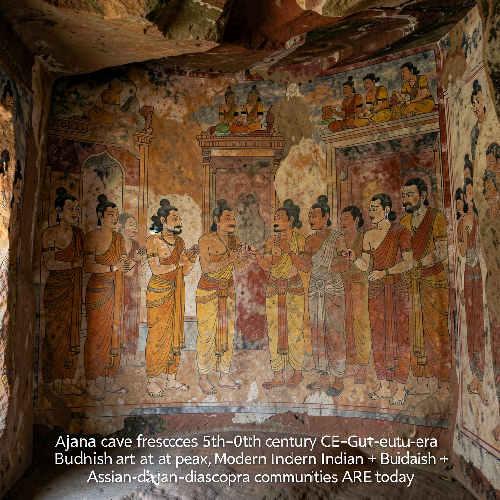Photograph of an Ajanta cave fresco from Cave 1 or Cave 17 (Maharashtra, India, Gupta-era frescoes c. 5th-6th century CE