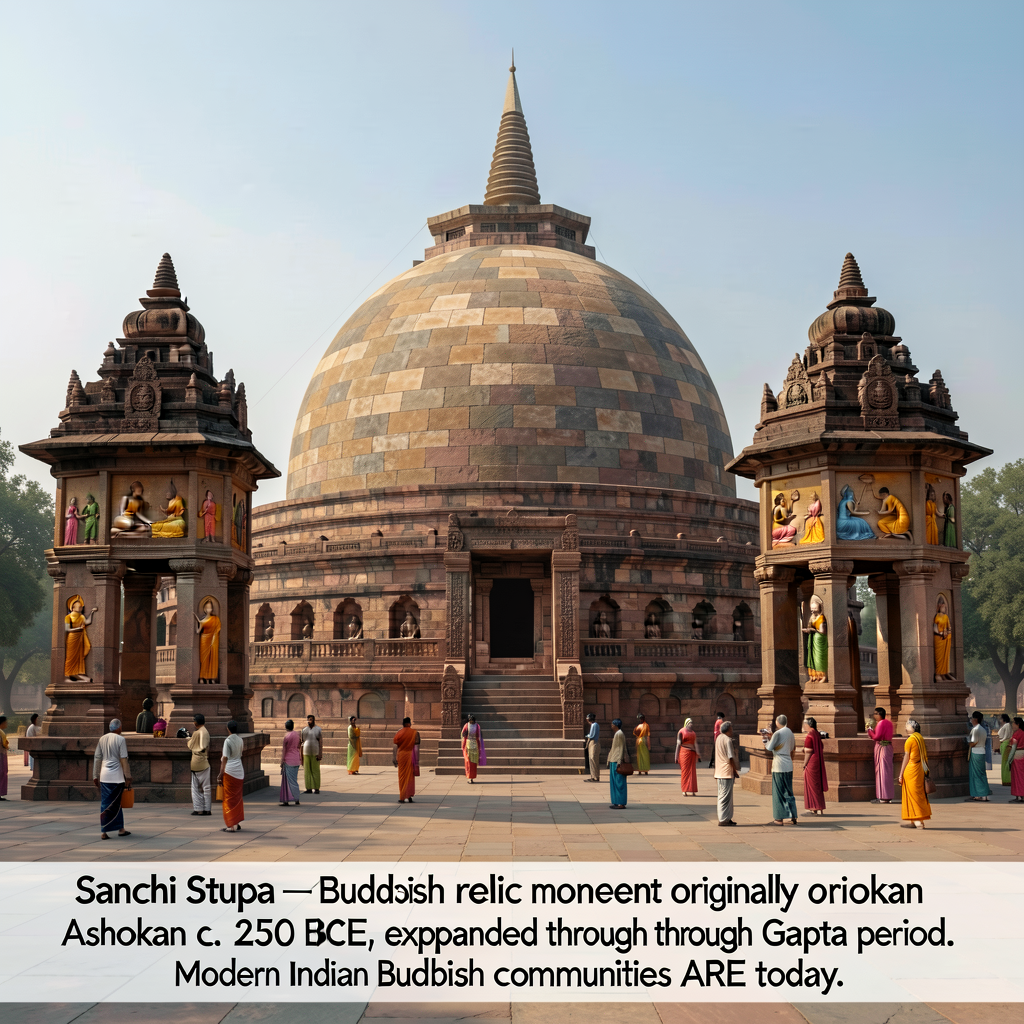 Photograph of the Great Stupa at Sanchi (Madhya Pradesh, India) — Buddhist relic monument originally built by Ashoka c. 