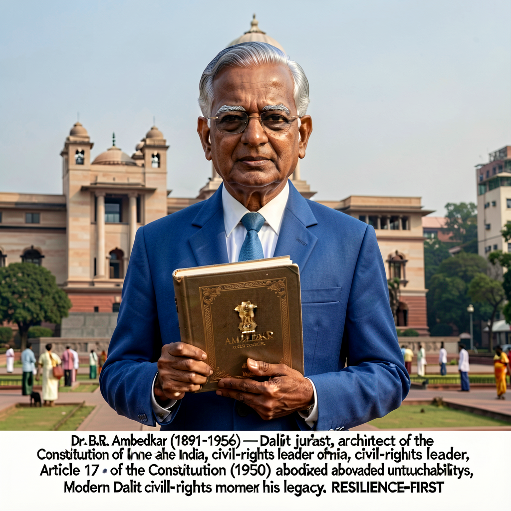 Photograph of B.R. Ambedkar's iconic portrait or one of the many Ambedkar statues across India (e.g., the statue at the 