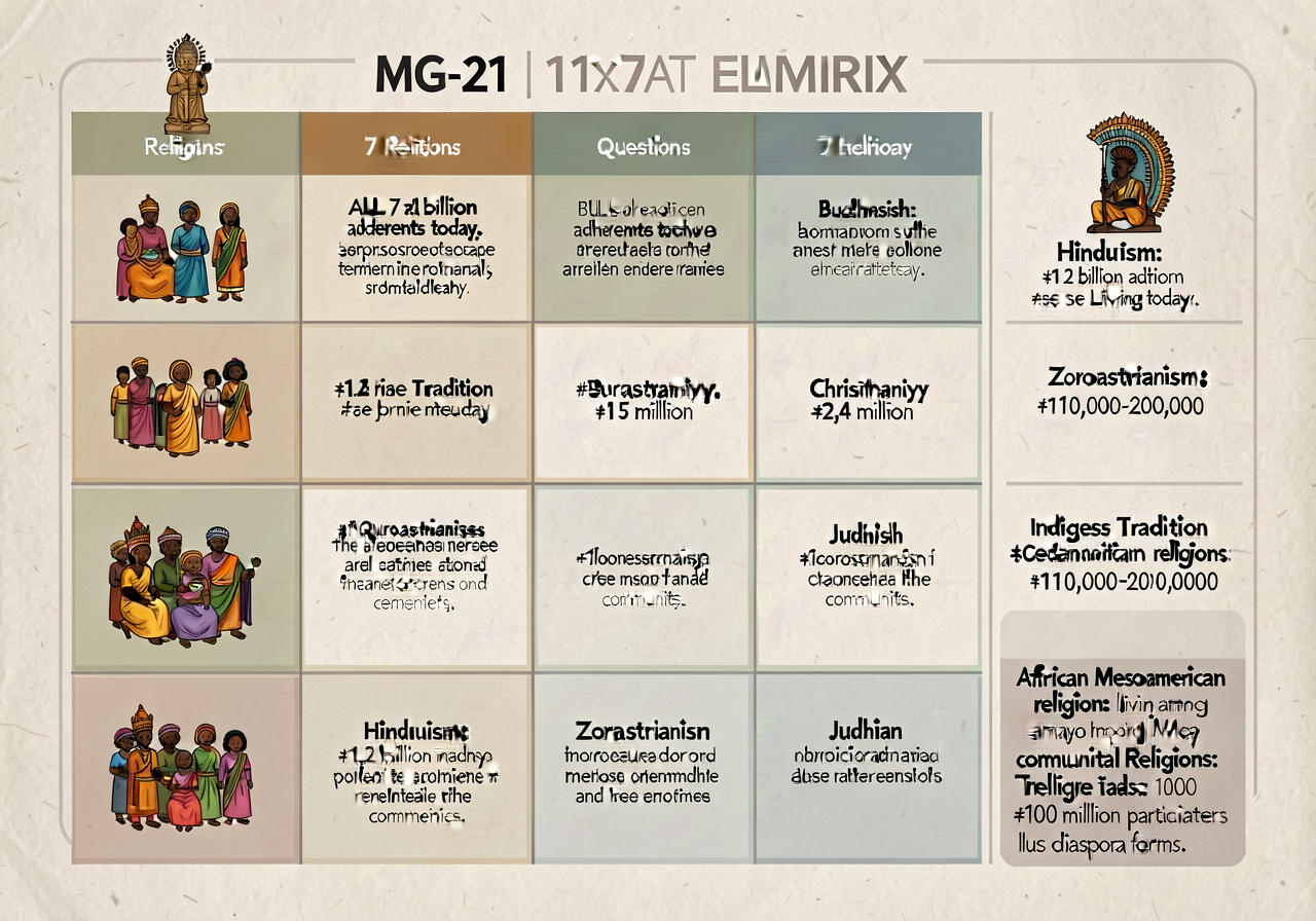 MG-21 11x17 inch educational matrix with 7 religions as rows × 6 question-columns. Each cell is a 2-3-line summary. Crit