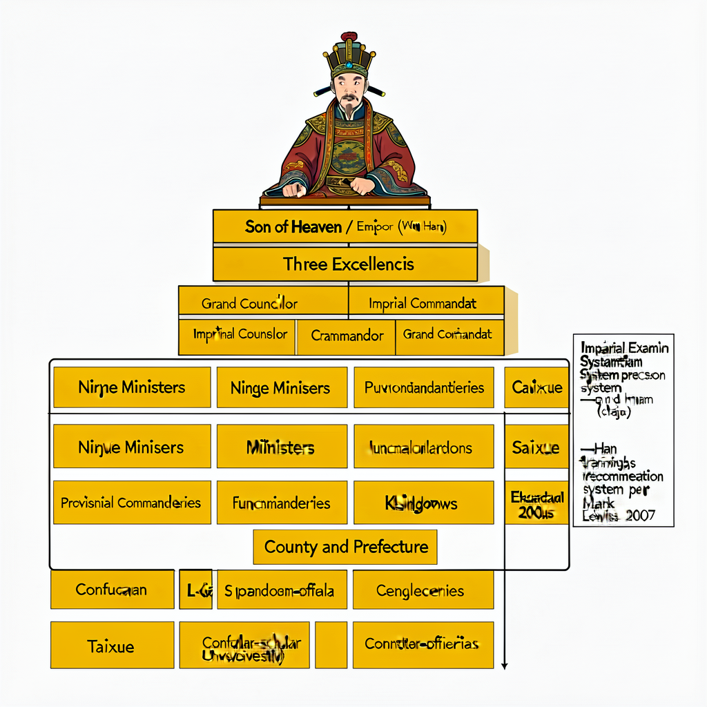MG-16 11x17 inch educational diagram of Han Dynasty bureaucratic structure c. 100 BCE: top of hierarchy 'Son of Heaven /