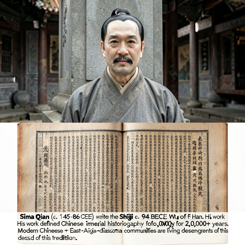 Composite image: top half shows a modern stone-portrait of Sima Qian (from his memorial hall in Hancheng County, Shaanxi