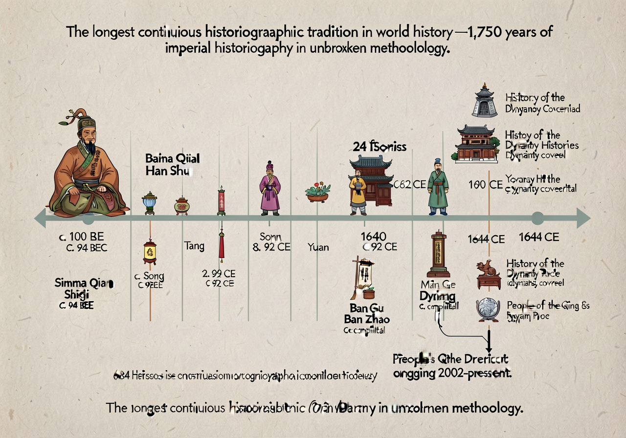8.5x14 inch landscape timeline of the Chinese imperial-historiographical tradition: horizontal time axis from c. 100 BCE