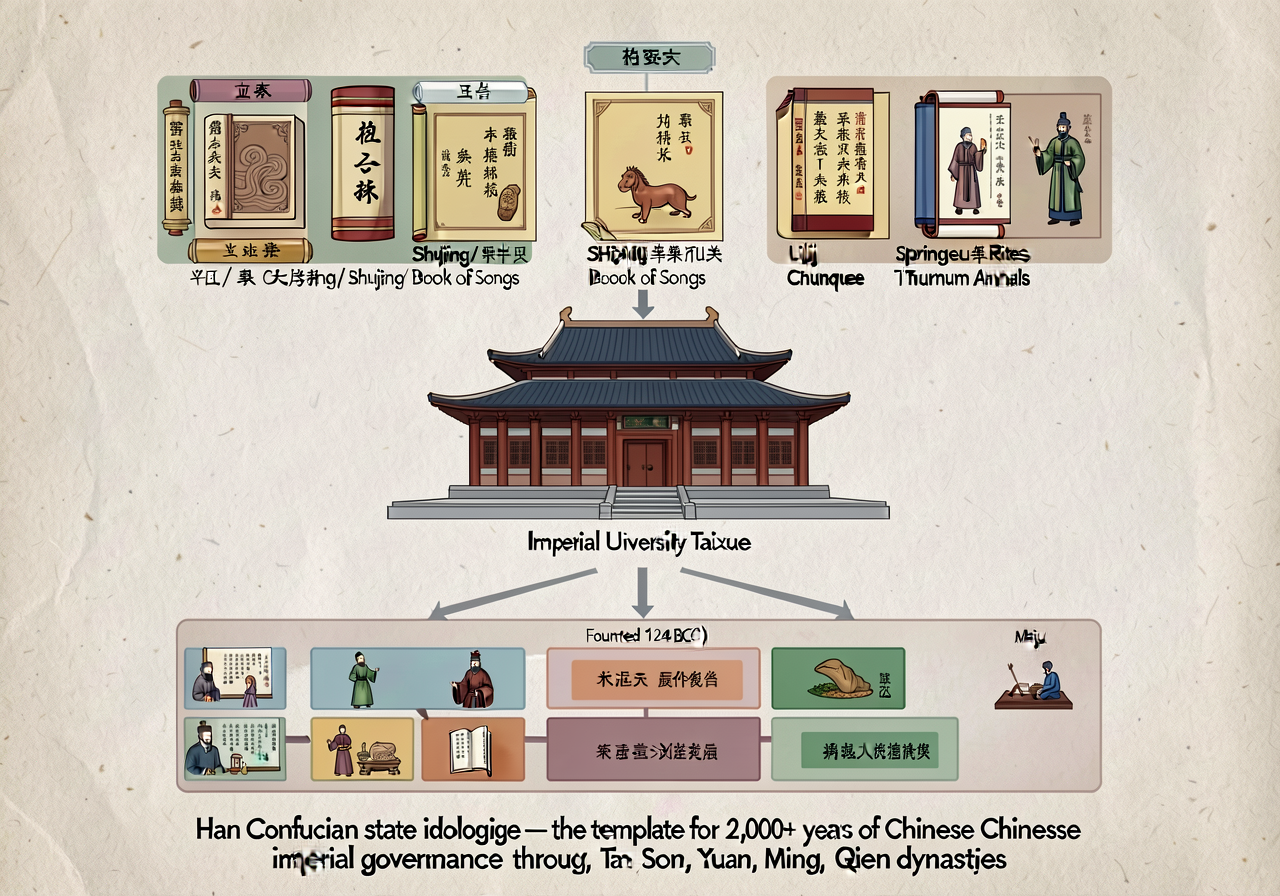11x17 inch educational diagram showing the Han Confucian state-ideology institutional structure: top — Five Classics (Yi