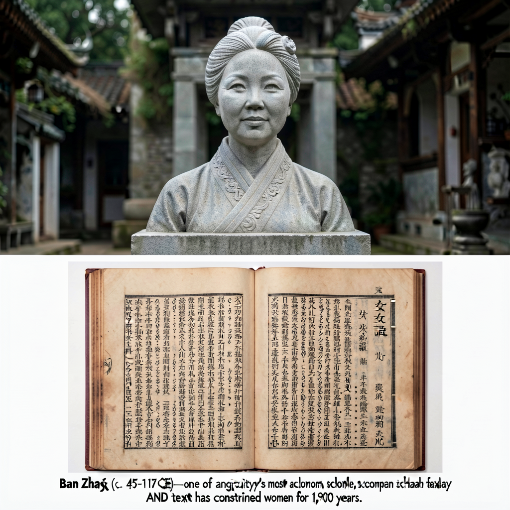 Composite image: top — modern stone-portrait of Ban Zhao (e.g., the Ban Zhao memorial sculpture in her hometown of Fufen
