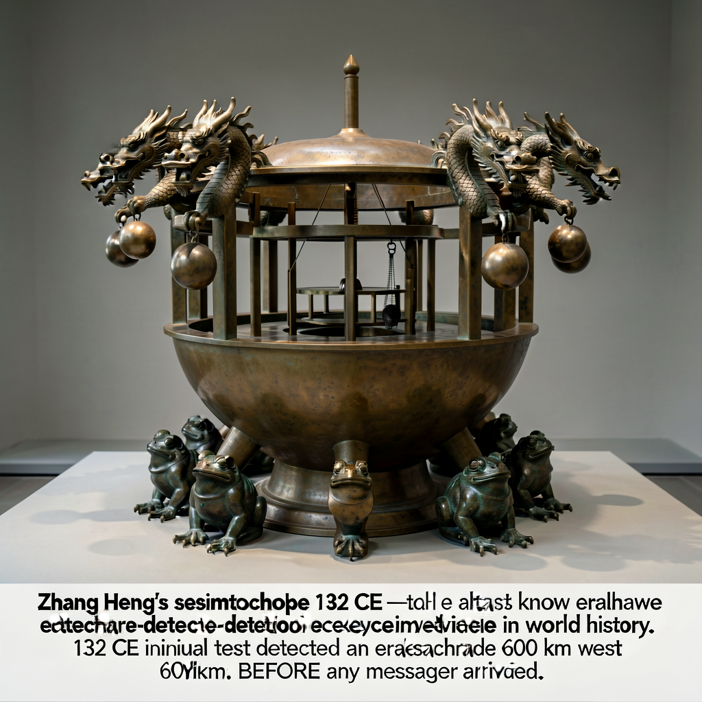 Photograph of a modern reconstruction of Zhang Heng's seismoscope (the original Han-era device does not survive; reconst