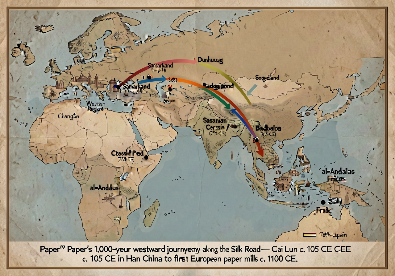 11x17 inch landscape map showing the westward transmission of paper-making from Han China c. 105 CE: Chang'an (Han capit