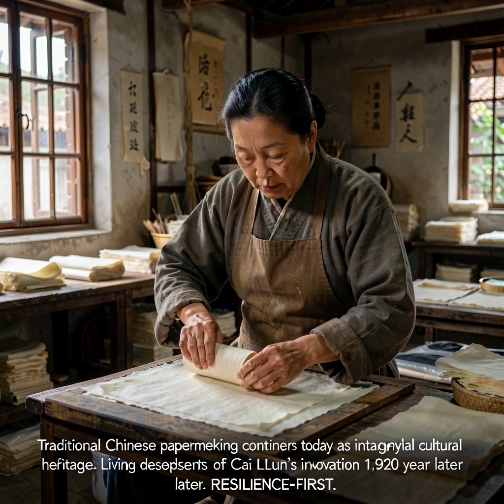 Photograph of contemporary traditional Chinese papermaking — a Chinese artisan in a paper-making workshop (e.g., Anhui P