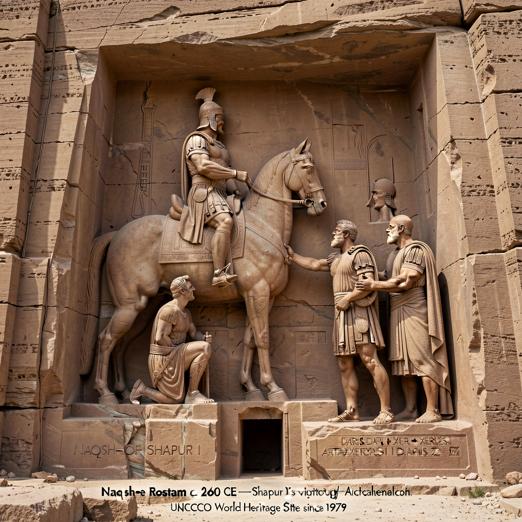 Photograph of the Naqsh-e Rostam rock-relief 'Triumph of Shapur I' (c. 260 CE) in modern Fars Province, Iran (a few km f