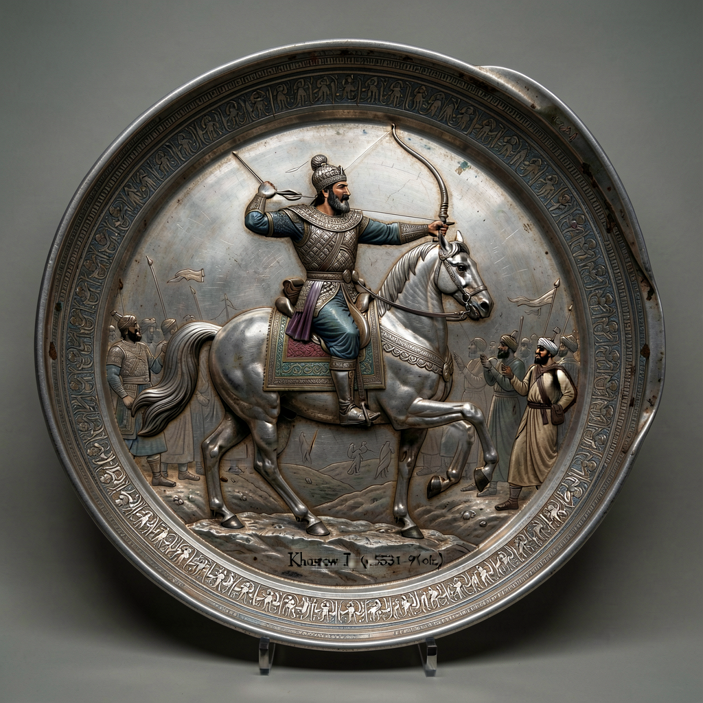 Photograph of a Sasanian-era silver plate (Hermitage Museum collection or Cleveland Museum of Art) depicting Khosrow I h