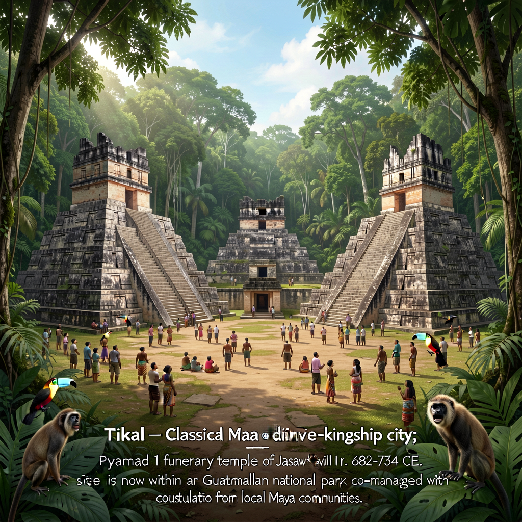 Photograph of Tikal (Petén, Guatemala, UNESCO World Heritage Site) showing the Great Plaza with Pyramid I (also called t