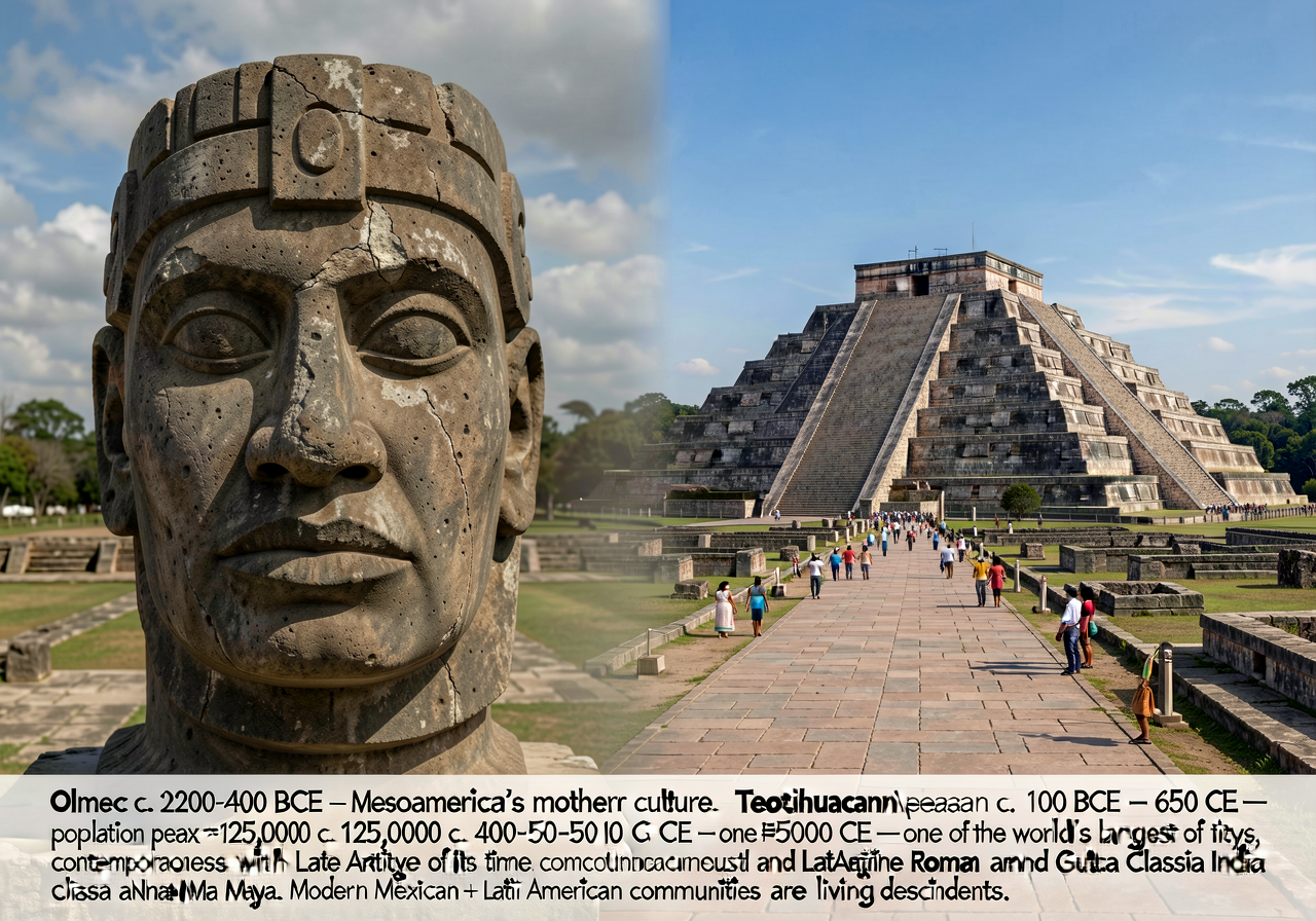 Composite photograph: left half — Olmec colossal head from San Lorenzo Tenochtitlán (Tabasco, Mexico, c. 1200-900 BCE) s