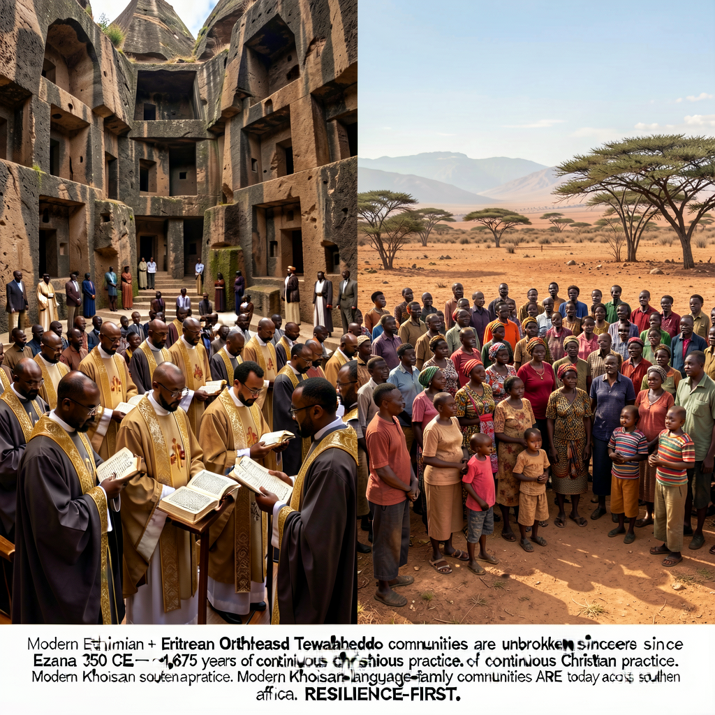 Composite photograph: left half — modern Ethiopian Orthodox Tewahedo Church liturgy at Lalibela (Amhara, Ethiopia — the 