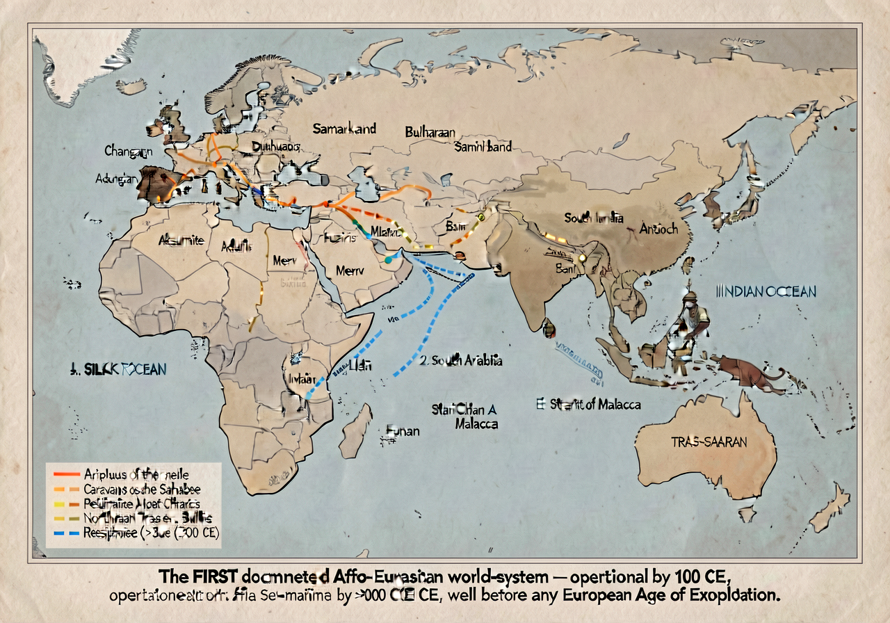 MG-4 24x18 inch trade-network map of Afro-Eurasia at maximum classical-era interconnection c. 100-600 CE: (1) SILK ROAD 
