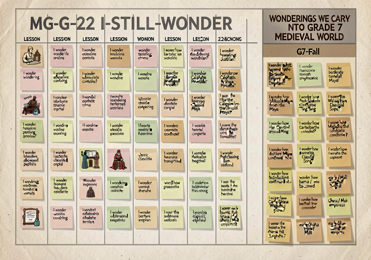 Photograph of MG-22 I-STILL-WONDER chart in final state — 22 lesson-named columns + 'WONDERINGS WE CARRY INTO GRADE 7 ME