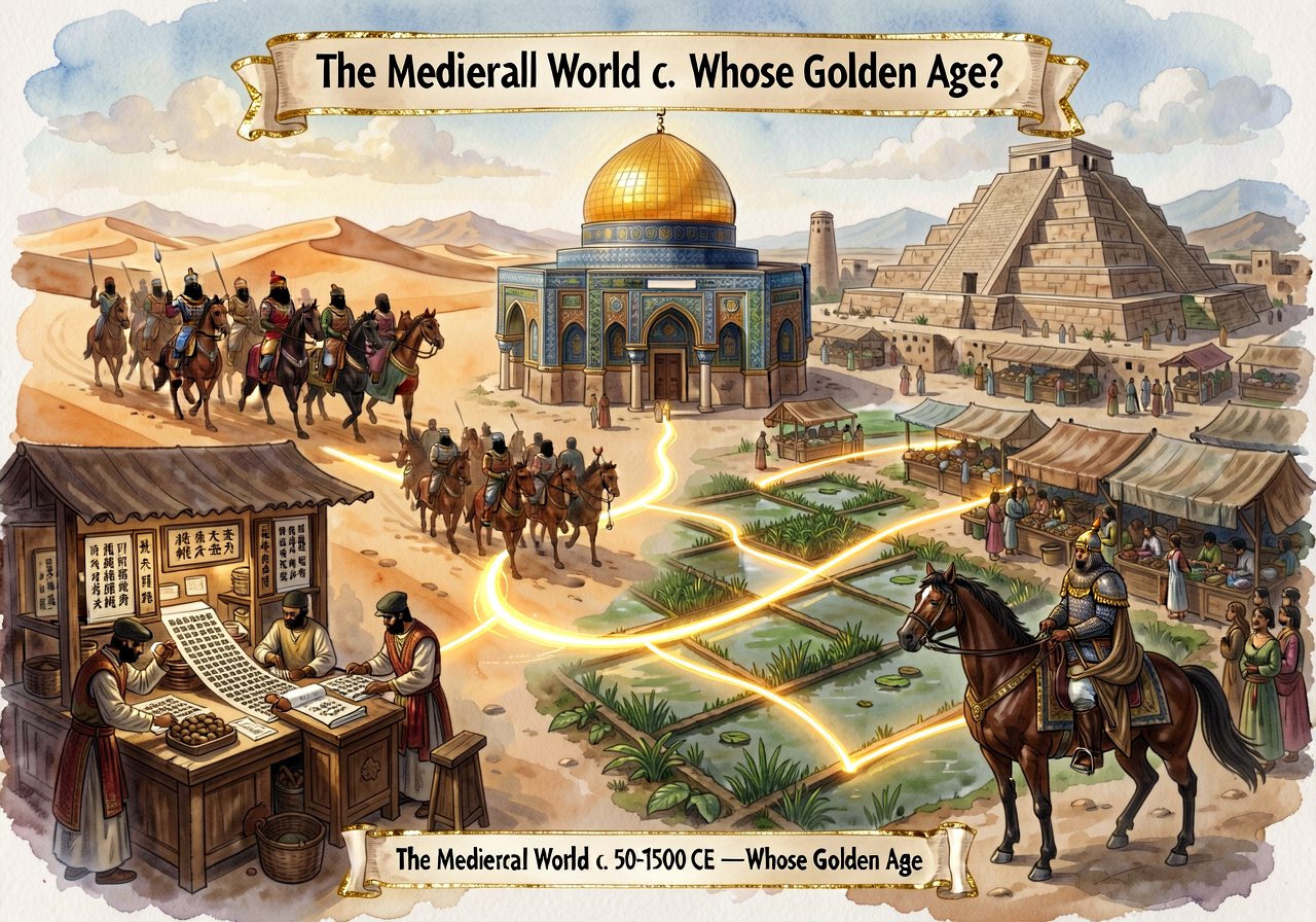 Unit-opener splash: a digital-watercolor montage of the medieval world from Cordoba to Tenochtitlán, with Baghdad's Hous