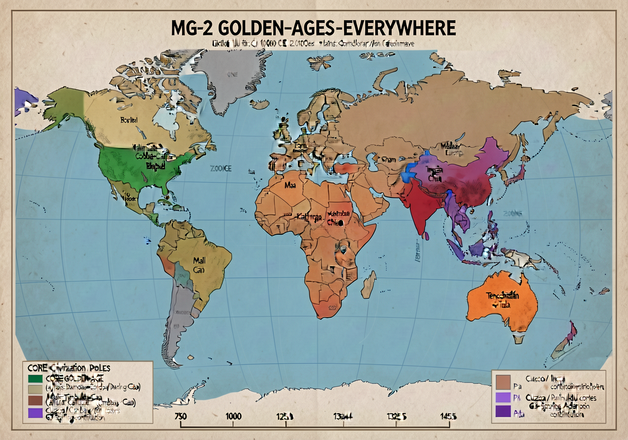 MG-2 GOLDEN-AGES-EVERYWHERE Atlas — primary unit reference map. 24x36 inches color wall display. Center: Afro-Eurasian w