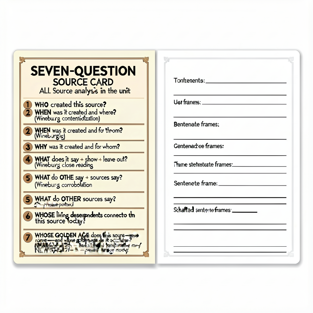 MG-7 SEVEN-QUESTION SOURCE CARD — primary instructional scaffold for ALL source analysis in the unit. 8.5x11 inch double
