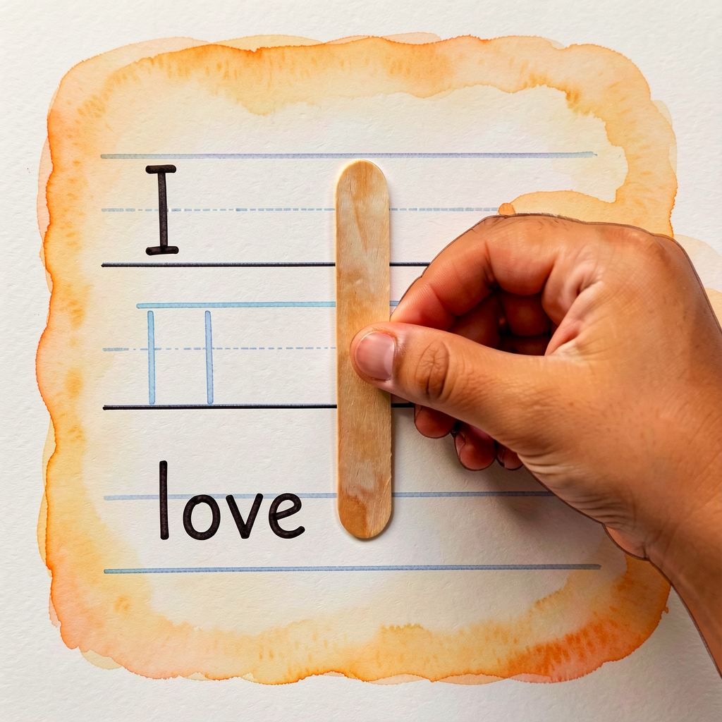 Photo of a child's hand using a popsicle stick placed between two written words on three-line paper. The stick is positi