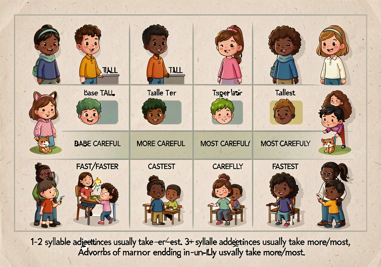 Comparative and superlative adjectives/adverbs anchor: 2x3 grid. ROW 1 (short adjectives): base TALL → comparative TALLE