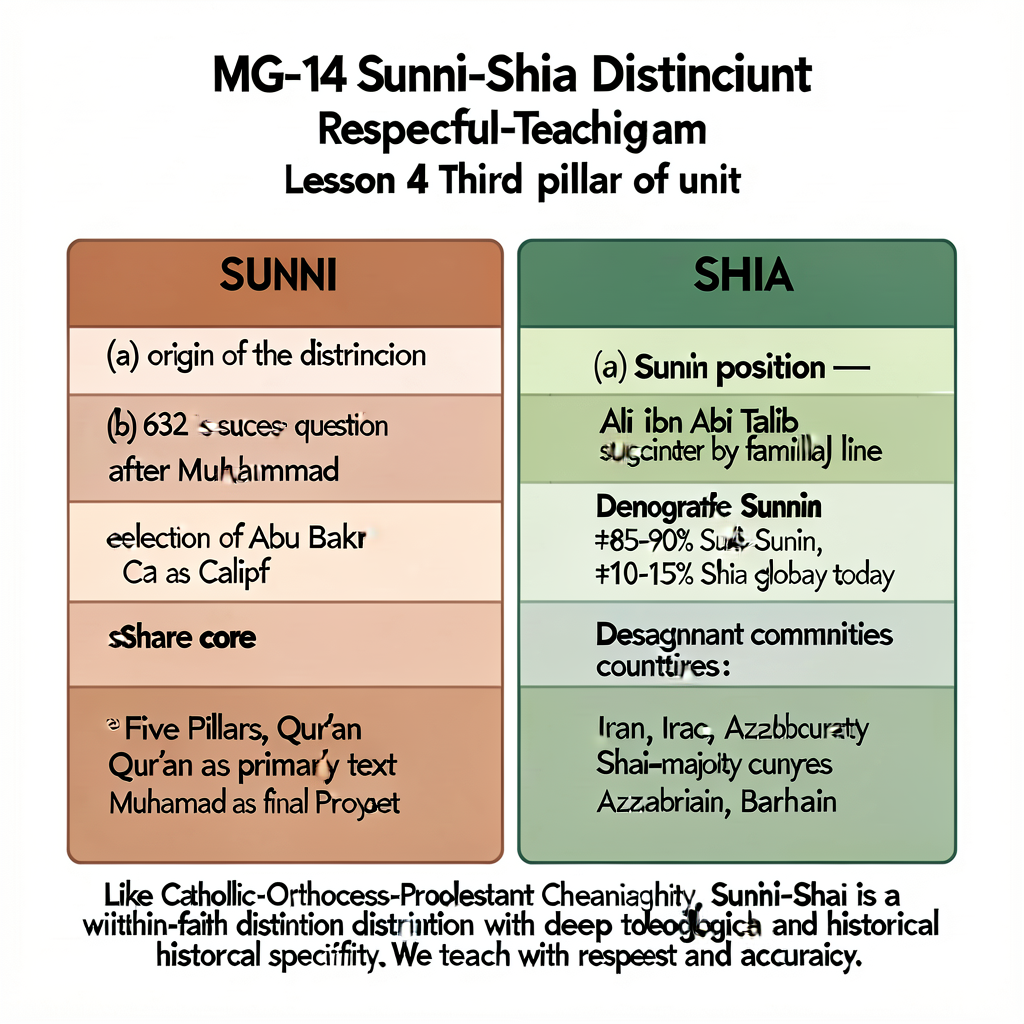 MG-14 Sunni-Shia Distinction Respectful-Teaching Diagram. 11x17 inch graphic organizer for Lesson 4 third pillar of unit