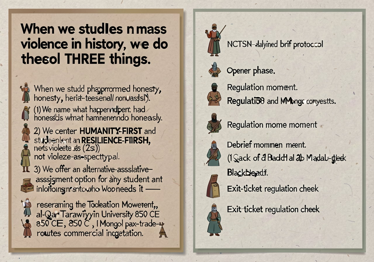 MG-15 Trauma-Informed Protocol Card for Lessons 13-14 (Crusades), 17 (Sack of Baghdad 1258 and Mongol conquests), 19 (Bl