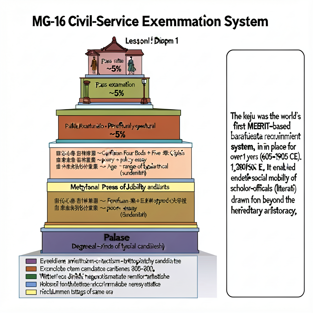 MG-16 Civil-Service Examination System Diagram. 11x17 inch graphic organizer for Lesson 15. Six tiers: village examinati