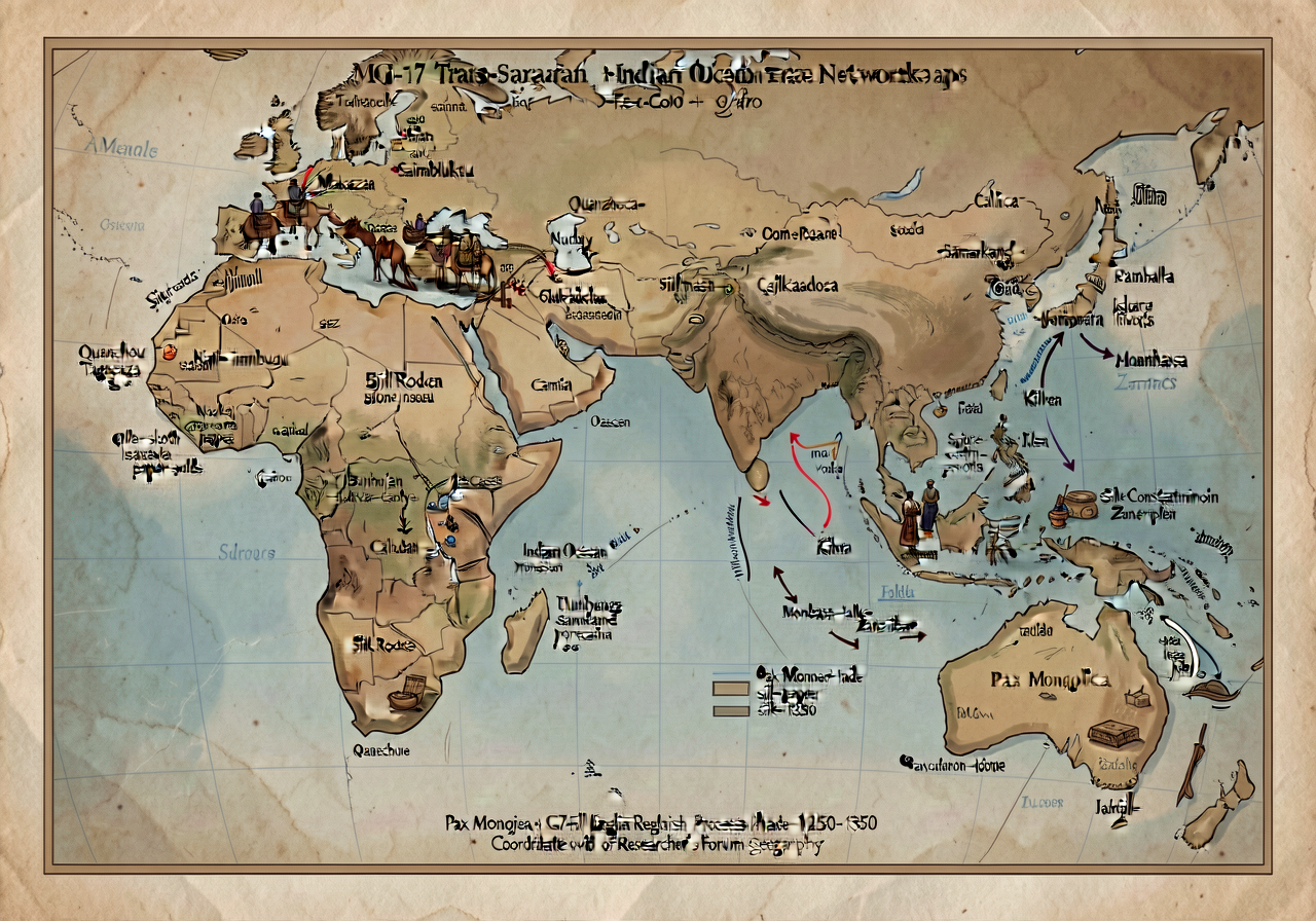MG-17 Trans-Saharan + Indian Ocean Trade Networks Map. 24x36 inch wall display. Equal-area projection showing: (a) trans