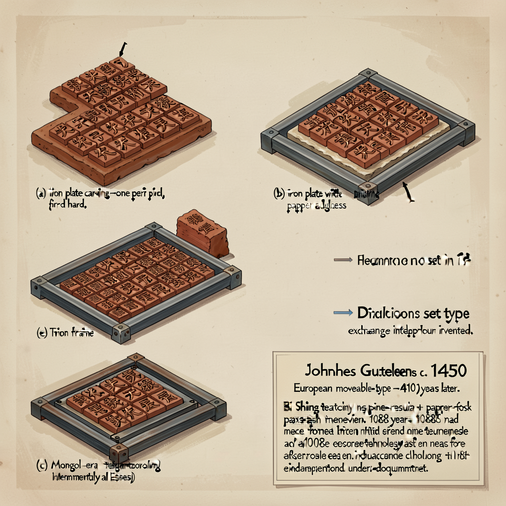 MG-18 Bi Sheng Moveable-Type Printing Diagram. 11x17 inch illustrated diagram of Bi Sheng's 1040 CE moveable-type printi