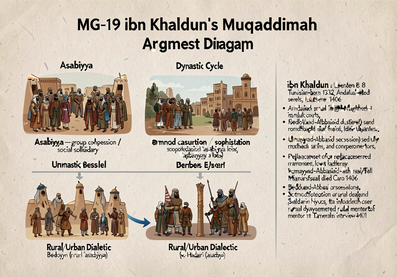 MG-19 ibn Khaldun's Muqaddimah Argument Diagram. 11x17 inch laminated organizer for Lesson 8. Three core concepts visual