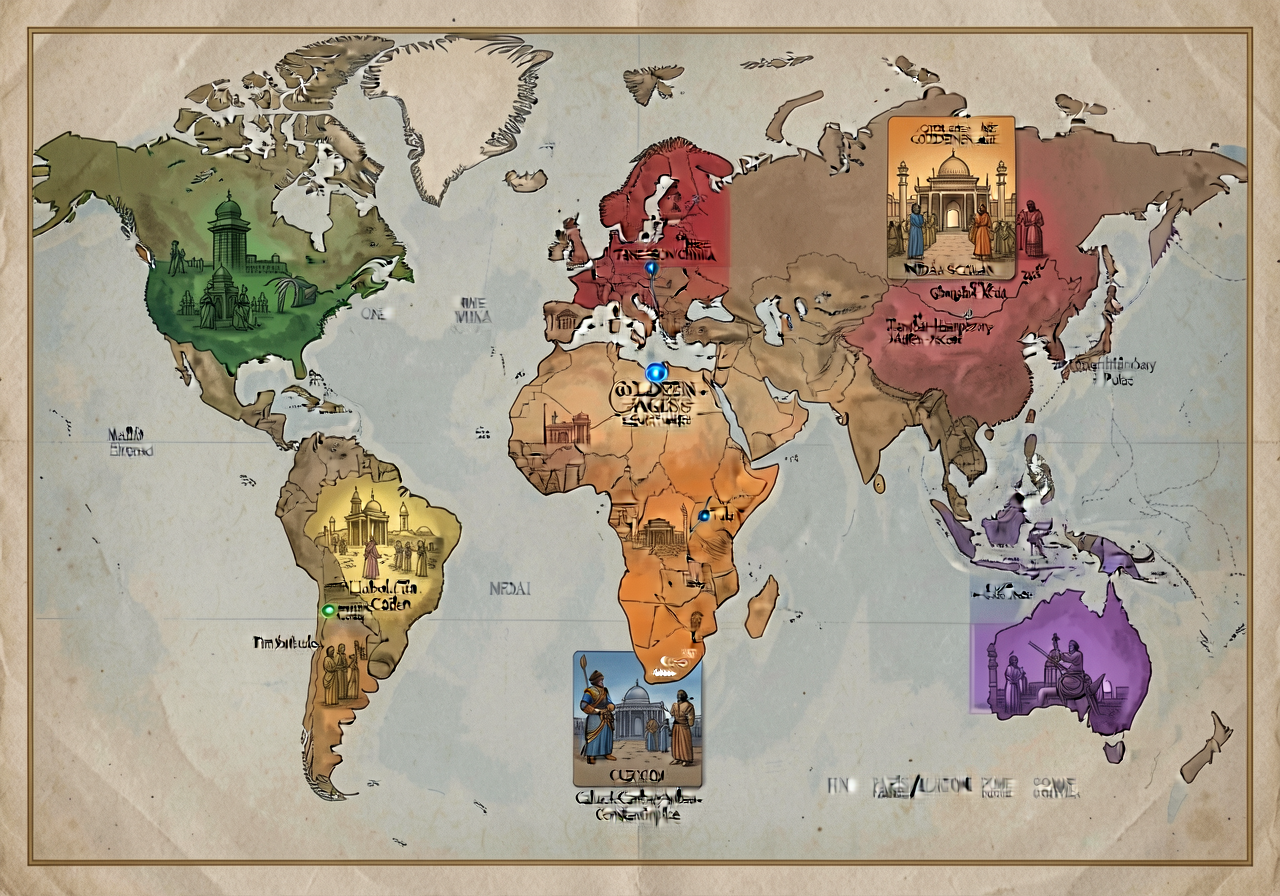 Reference image of the full 24x36 GOLDEN-AGES-EVERYWHERE Atlas as displayed at unit launch with all 8 civilization-cards