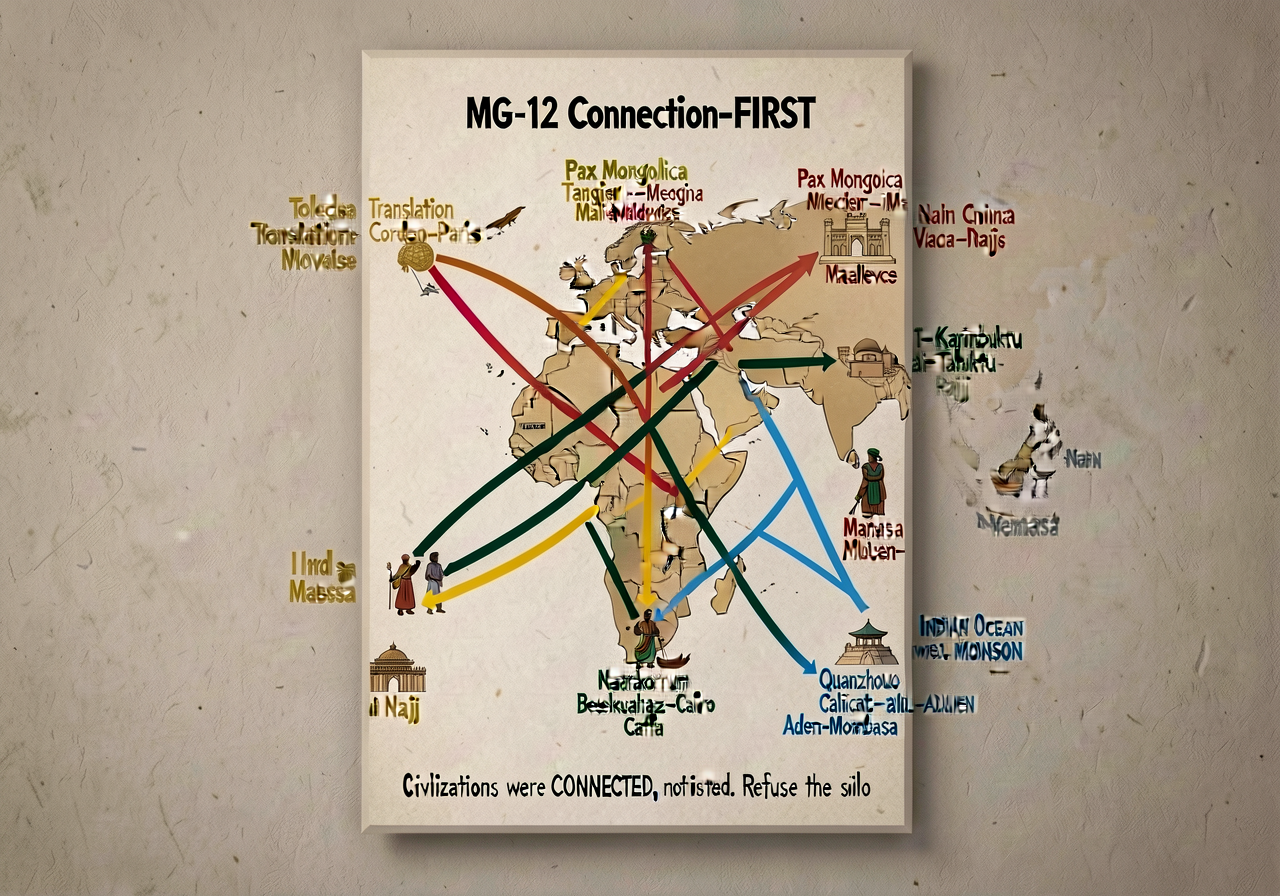 Photo of the new MG-12 Connection-FIRST poster mounted on the wall — 18x24 inch network diagram showing the medieval Afr