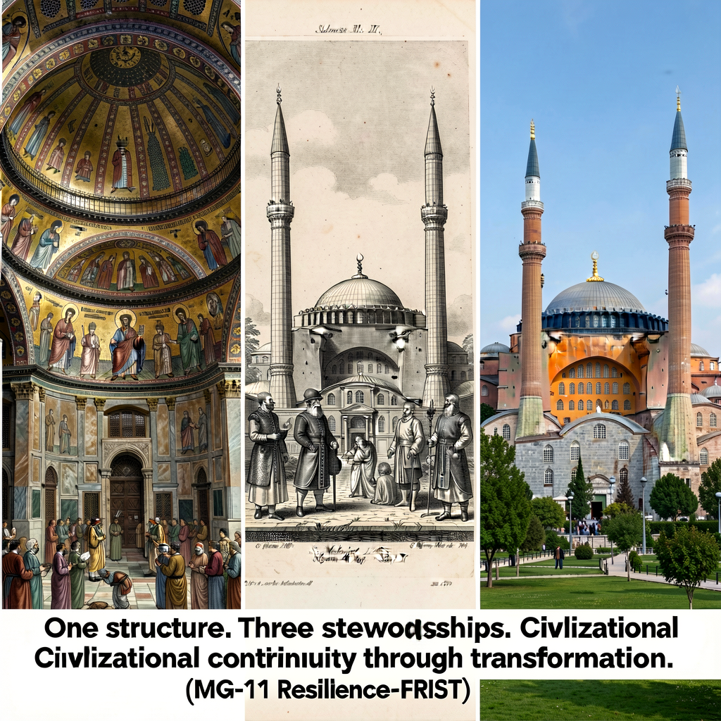 Three-panel photo composite of Hagia Sophia: (left) 6th-century reconstruction illustration showing original Justinian d