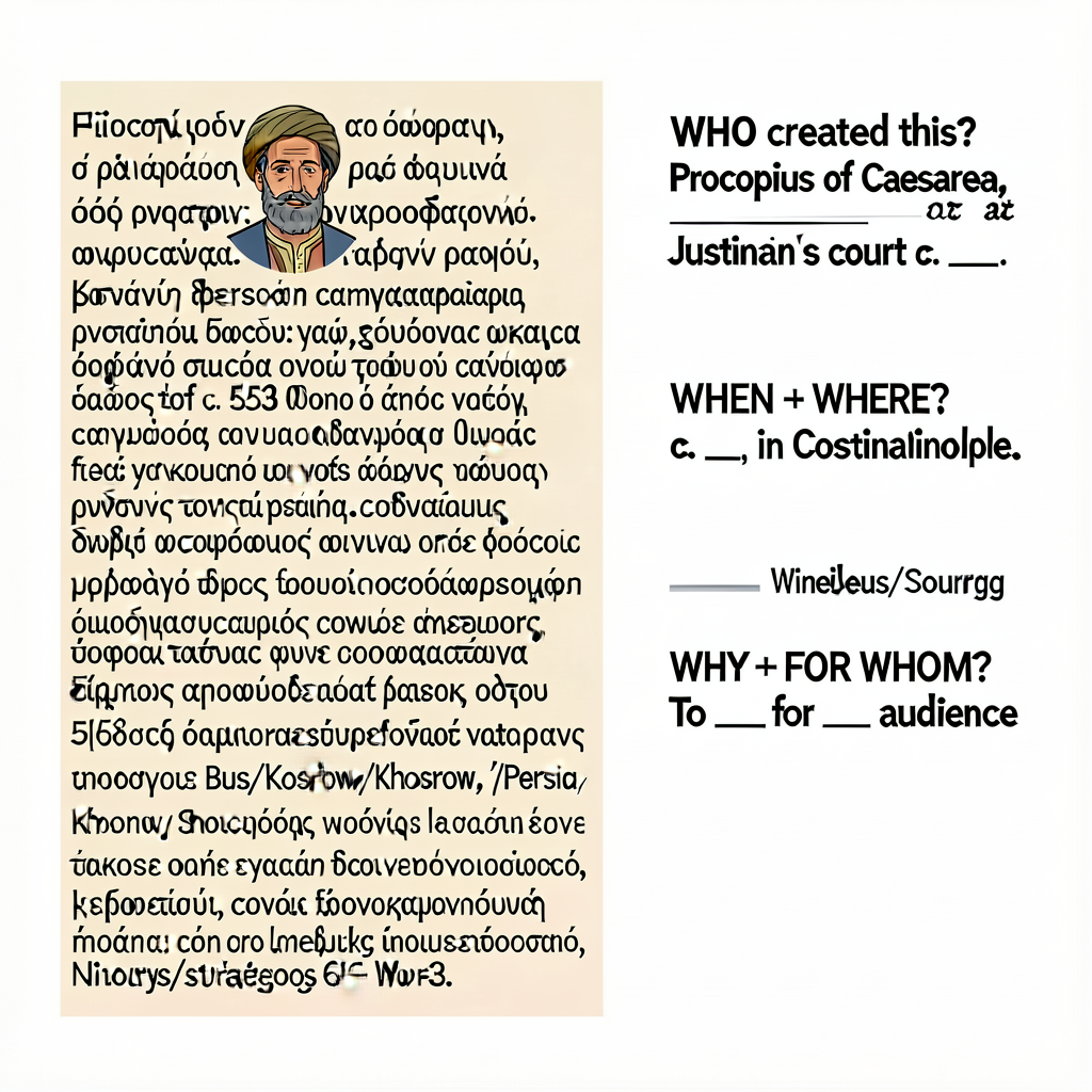 200-word Procopius excerpt from History of the Wars Book II on Justinian's Persian campaign c. 553, in Greek + English b