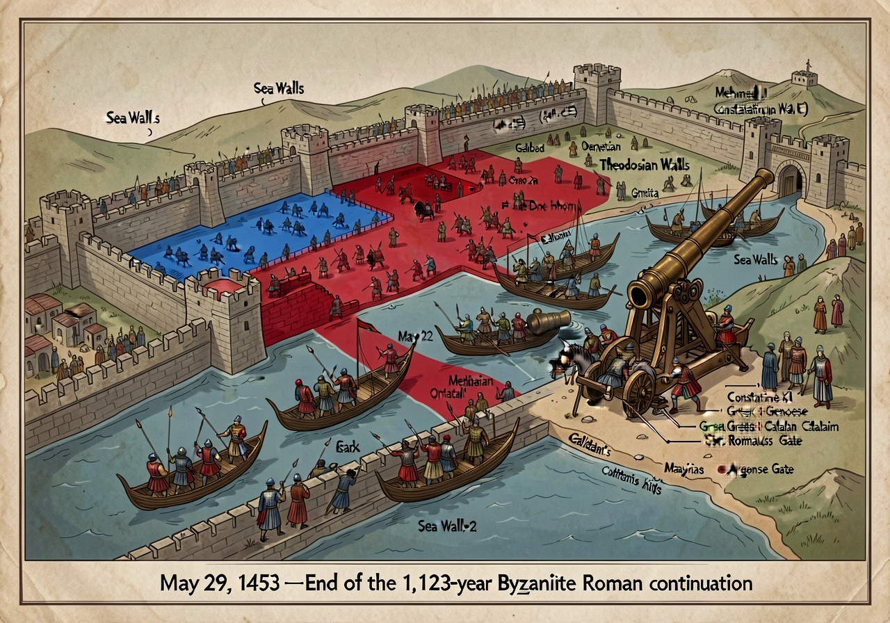Detailed siege map 1453 Constantinople — shows Theodosian Walls (4th c. CE) + Sea Walls, the Golden Horn with Ottoman fl