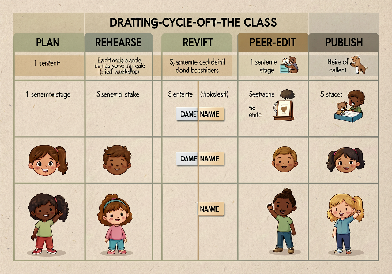 Workshop drafting-cycle status-of-the-class wall chart: a 6-column grid PLAN | REHEARSE | DRAFT | REVISE | PEER-EDIT | P