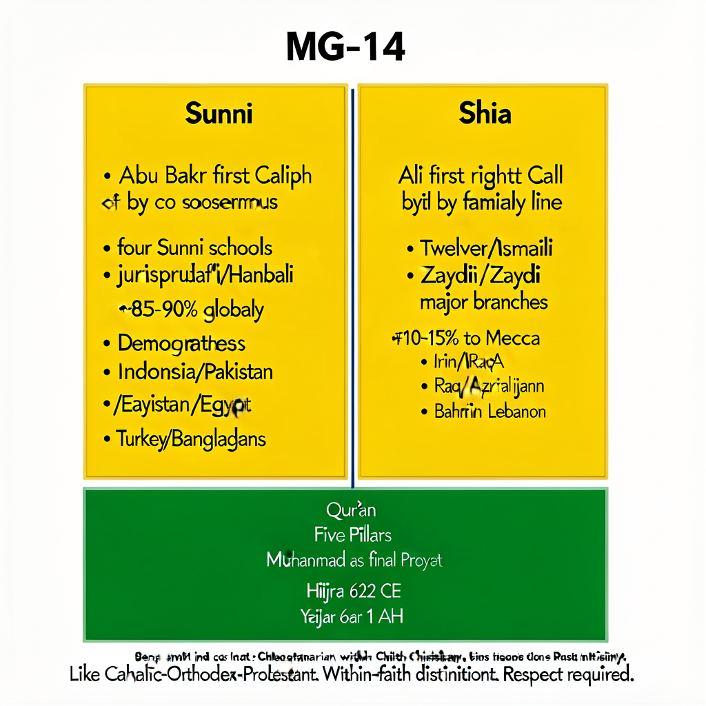 11x17 inch graphic organizer MG-14. Two columns Sunni / Shia with shared-core base. Shared core (green box at bottom): Q