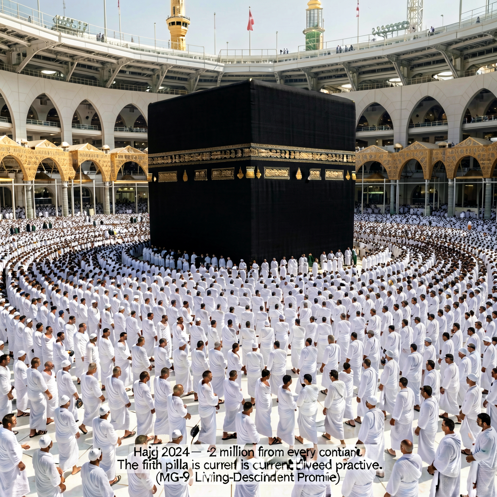 Contemporary 2024 Hajj photo of pilgrims in white ihram circling the Kaaba at the Masjid al-Haram in Mecca during the Ta