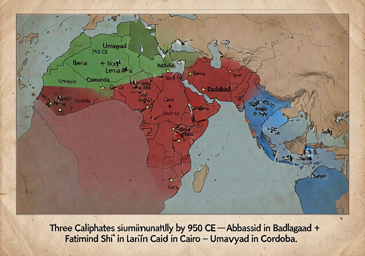 Equal-area projection map showing the Caliphates' maximum geographical extents color-coded by dynasty. Umayyad 750 CE ma