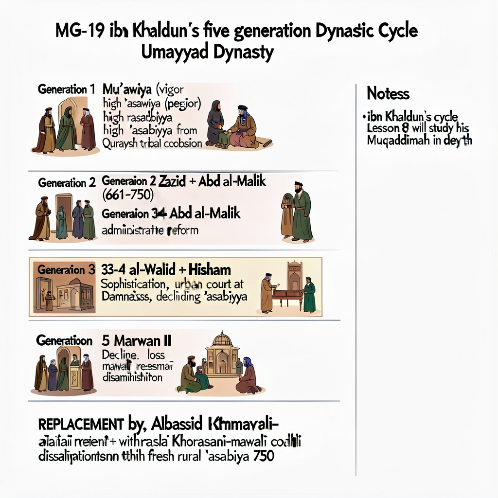11x17 inch graphic organizer applying MG-19 ibn Khaldun's five-generation dynastic cycle to the Umayyad dynasty 661-750.