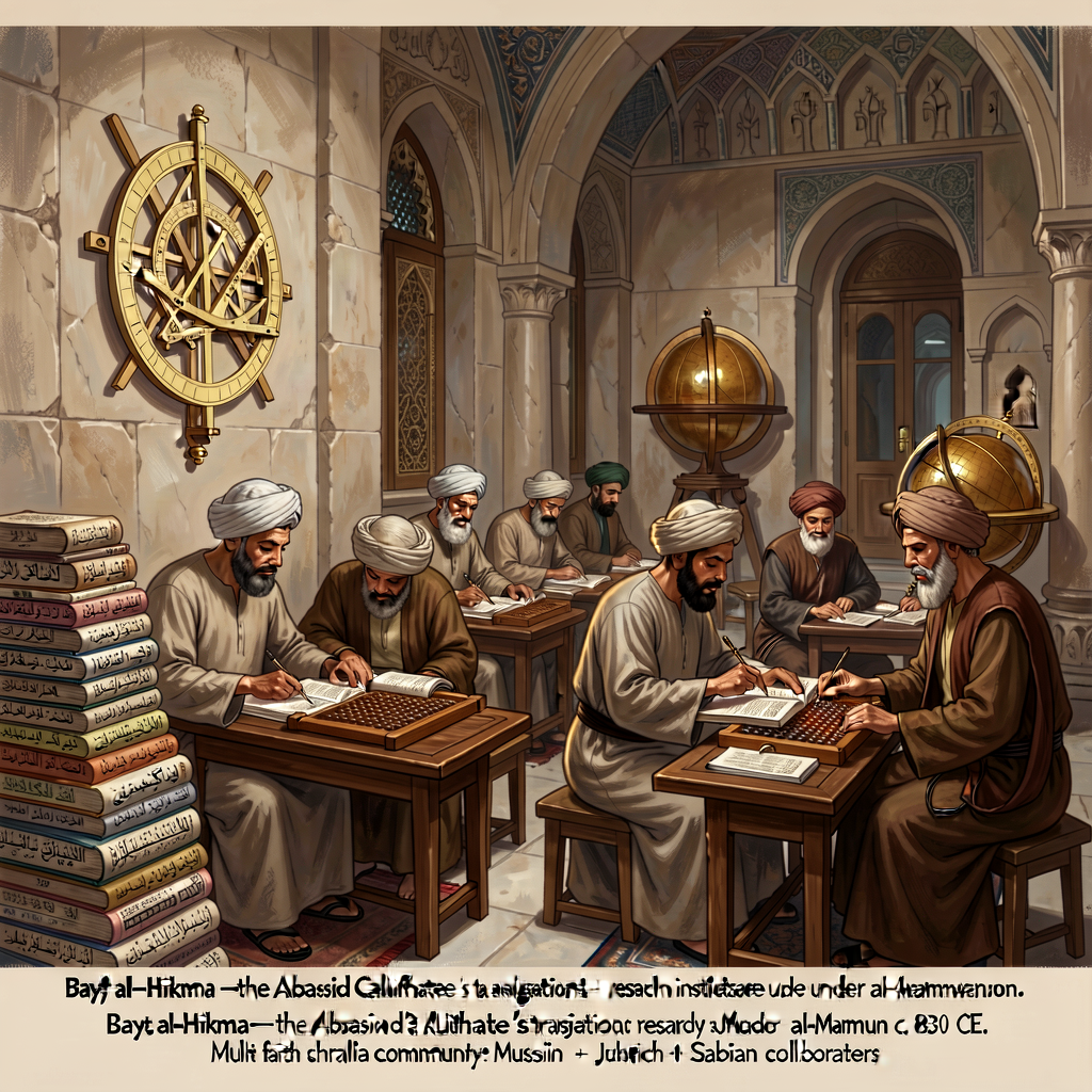 Detailed reconstructive illustration of Bayt al-Hikma c. 830 CE in Baghdad. Shows: scholars in dishdasha + turban at low