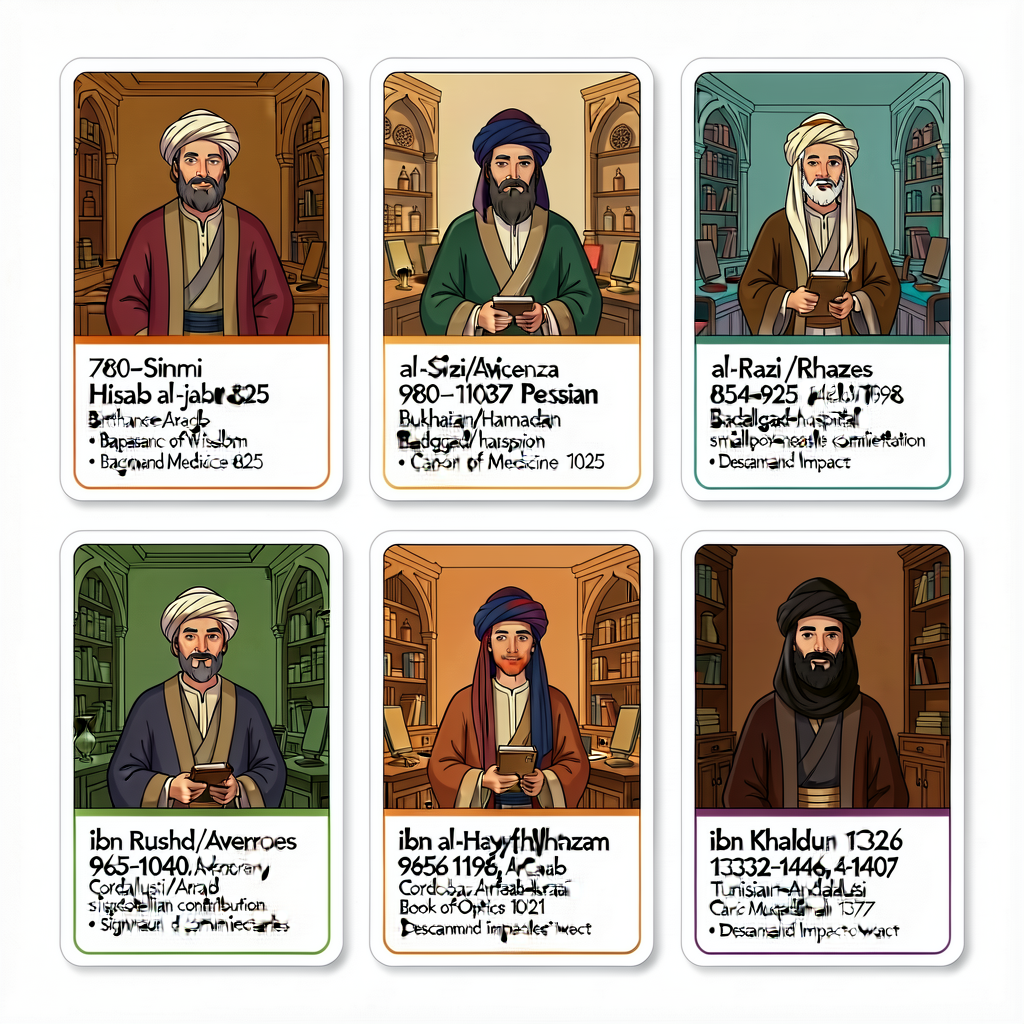 Six trading-cards arrayed: al-Khwarizmi (780-850, Persian/Arabic, Baghdad House of Wisdom, Hisab al-jabr 825); ibn Sina/