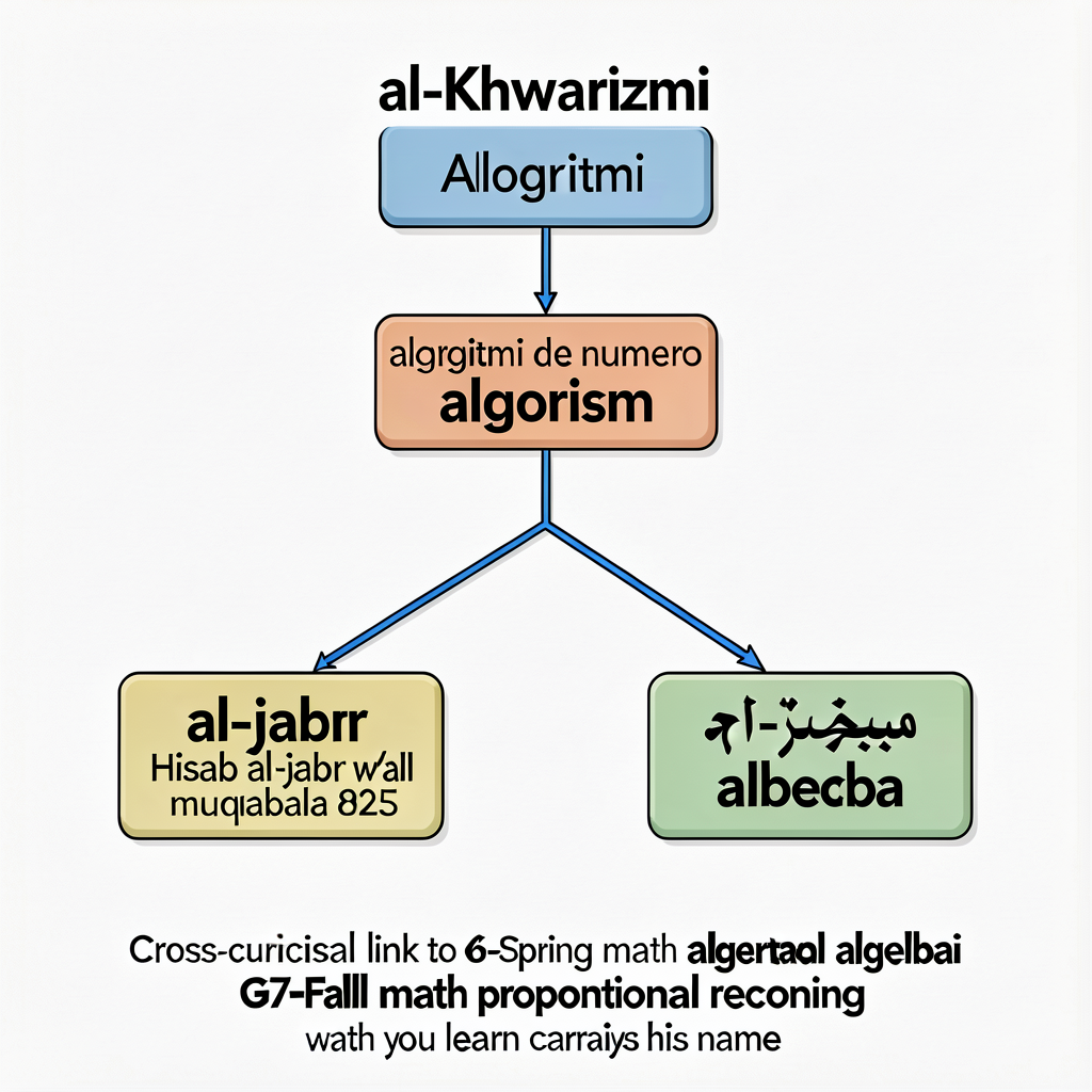 Etymological genealogy diagram showing al-Khwarizmi → algorithm + algebra. Top: 'al-Khwarizmi' (name in Arabic + Latin t