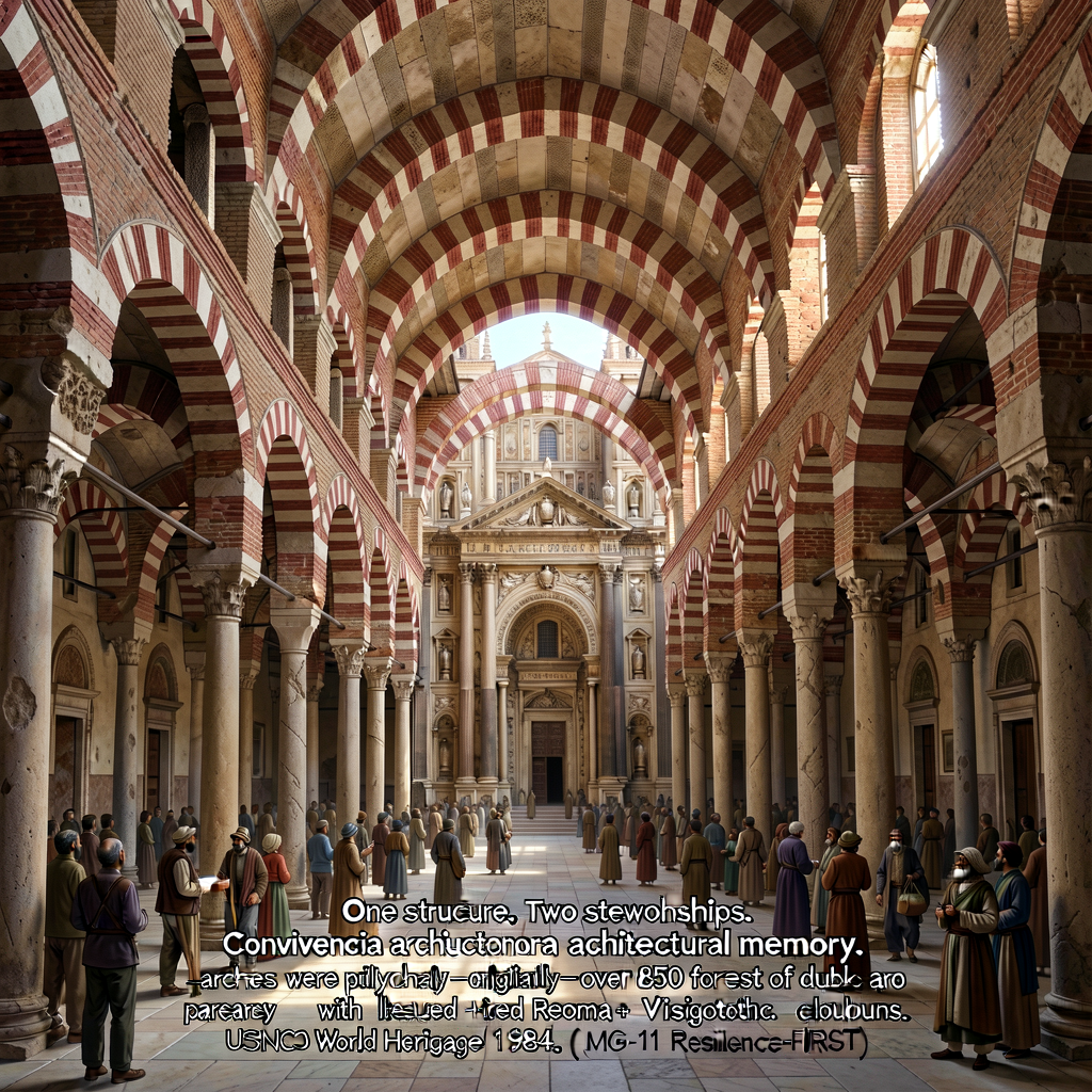 Interior photograph of the Great Mosque-Cathedral of Cordoba (Mezquita-Catedral) showing the iconic forest of horseshoe 