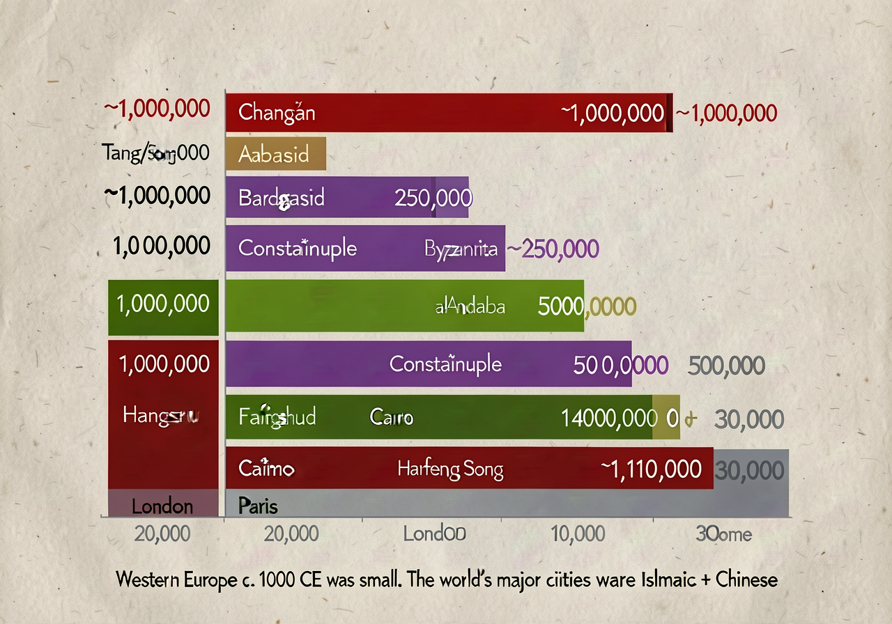 Bar-graph 11x17 inches comparing population of major cities c. 1000 CE. Bars in descending order: Chang'an Tang/Song Chi