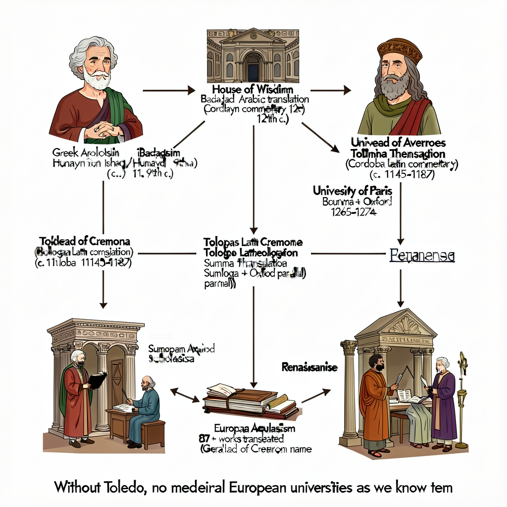 Connection diagram tracing the Toledo Translation Movement chain. Greek Aristotle (4th c. BCE) → House of Wisdom Baghdad